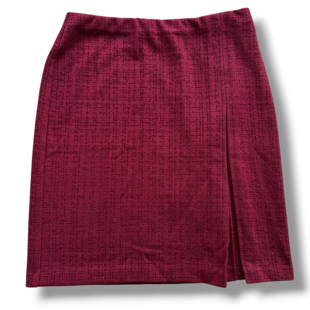 Express‎ Women's S Burgundy Red Metallic Shimmer Grid Side Slit Mini Skirt Party